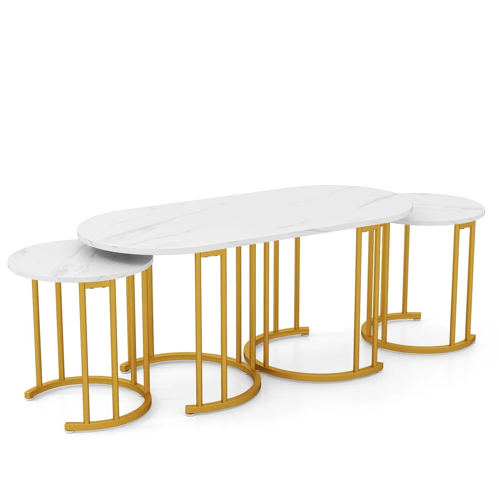 Nesting Coffee Table Set of 3 with Faux Marble Tabletop and Powder-coated Gold Metal Frame-White by DirectDeals