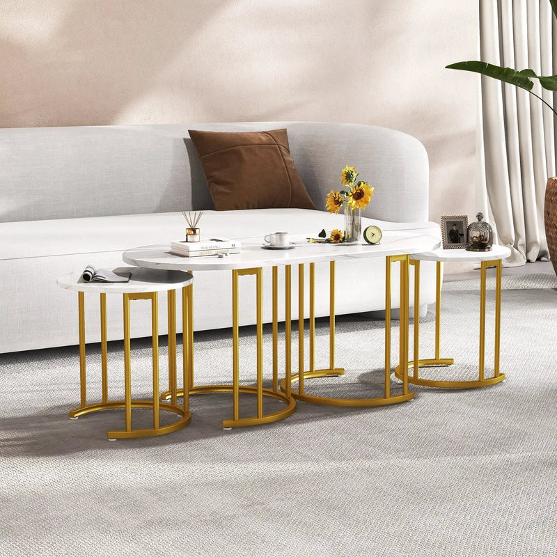 Nesting Coffee Table Set of 3 with Faux Marble Tabletop and Powder-coated Gold Metal Frame-White by DirectDeals