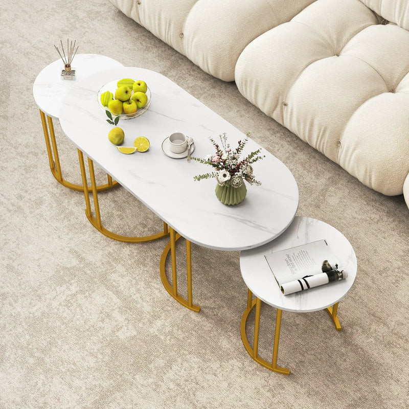Nesting Coffee Table Set of 3 with Faux Marble Tabletop and Powder-coated Gold Metal Frame-White by DirectDeals
