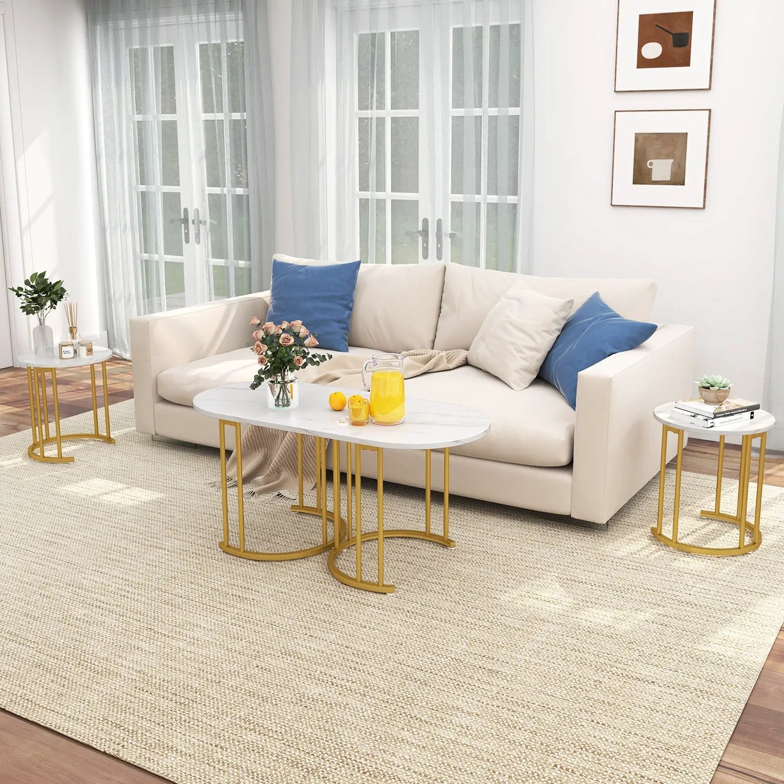 Nesting Coffee Table Set of 3 with Faux Marble Tabletop and Powder-coated Gold Metal Frame-White by DirectDeals
