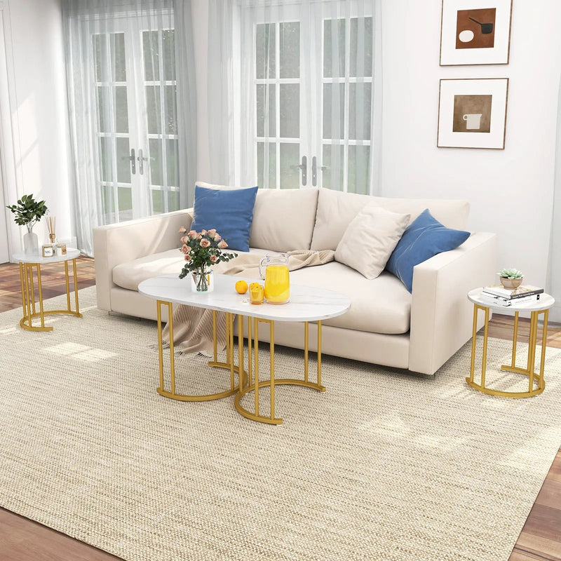 Nesting Coffee Table Set of 3 with Faux Marble Tabletop and Powder-coated Gold Metal Frame-White by DirectDeals