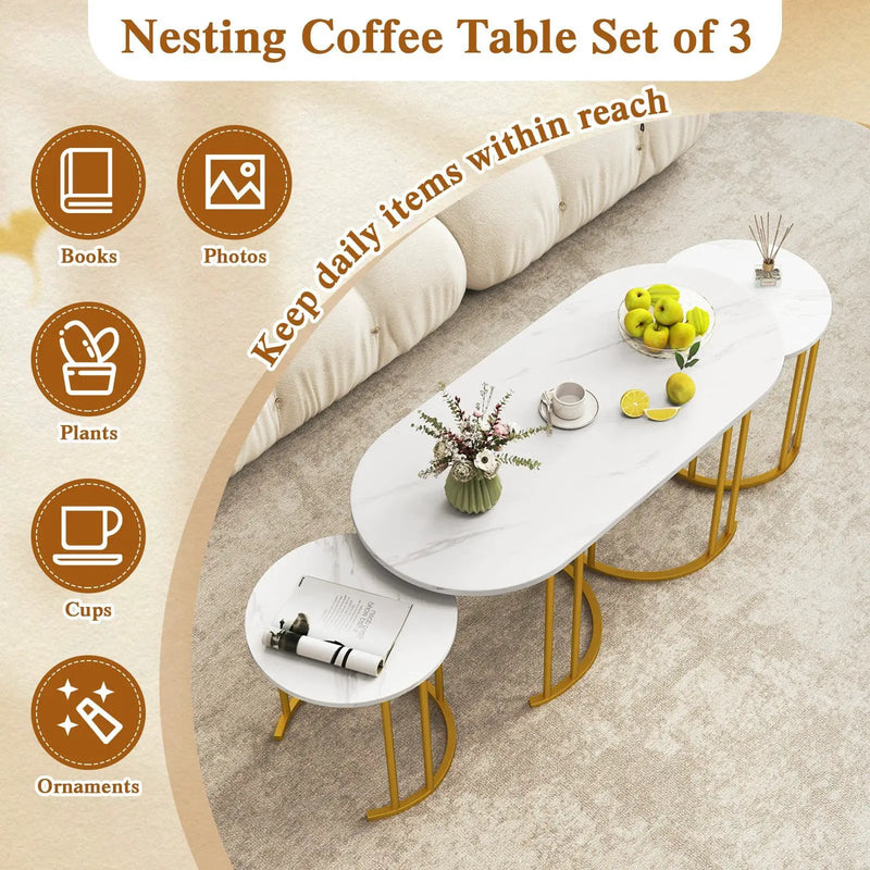 Nesting Coffee Table Set of 3 with Faux Marble Tabletop and Powder-coated Gold Metal Frame-White by DirectDeals