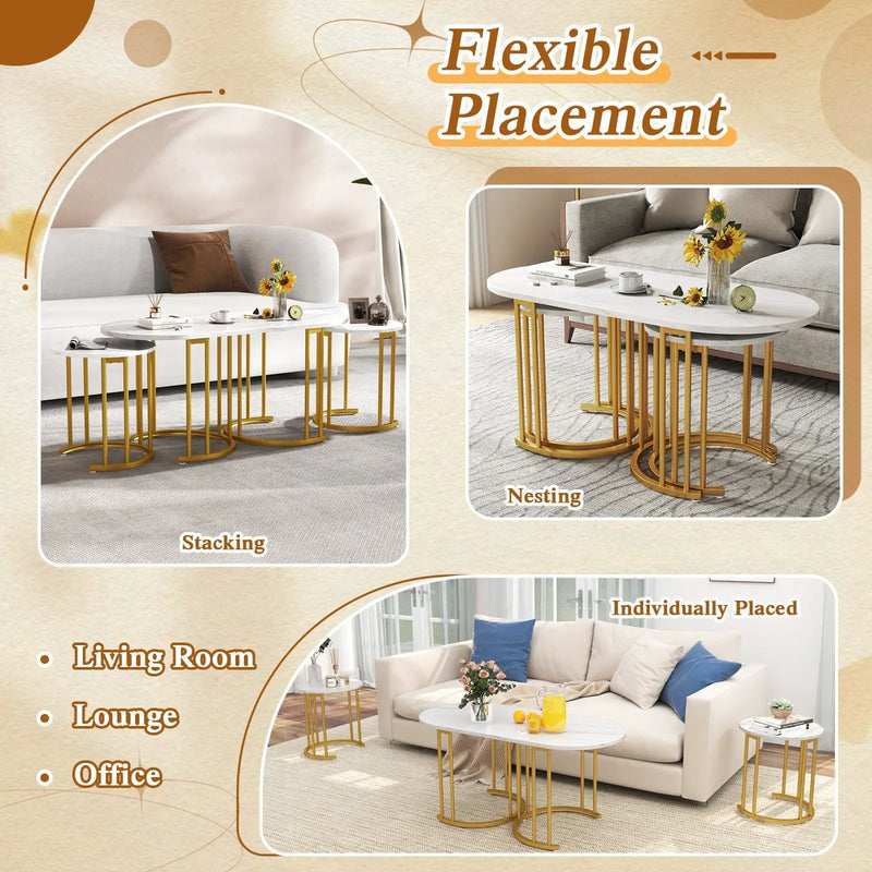 Nesting Coffee Table Set of 3 with Faux Marble Tabletop and Powder-coated Gold Metal Frame-White by DirectDeals