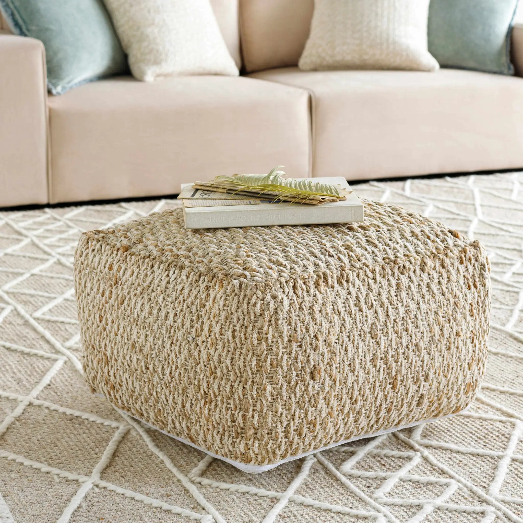 Netcong Tan Jute Pouf - Clearance by Boutique Rugs