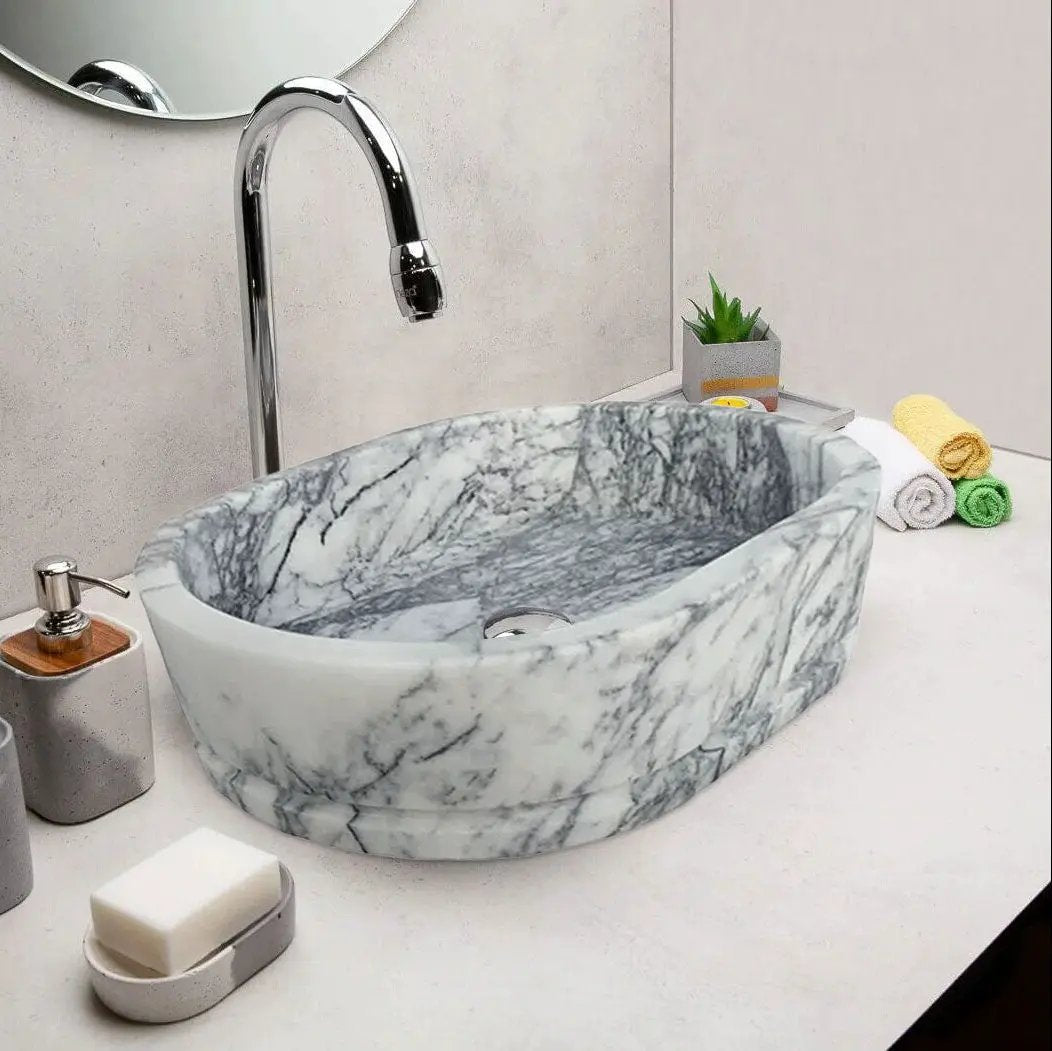 Handcrafted Turkish Marble Ellipse Wall Mount Sink 13.5x19.6x5 by GobekDesign