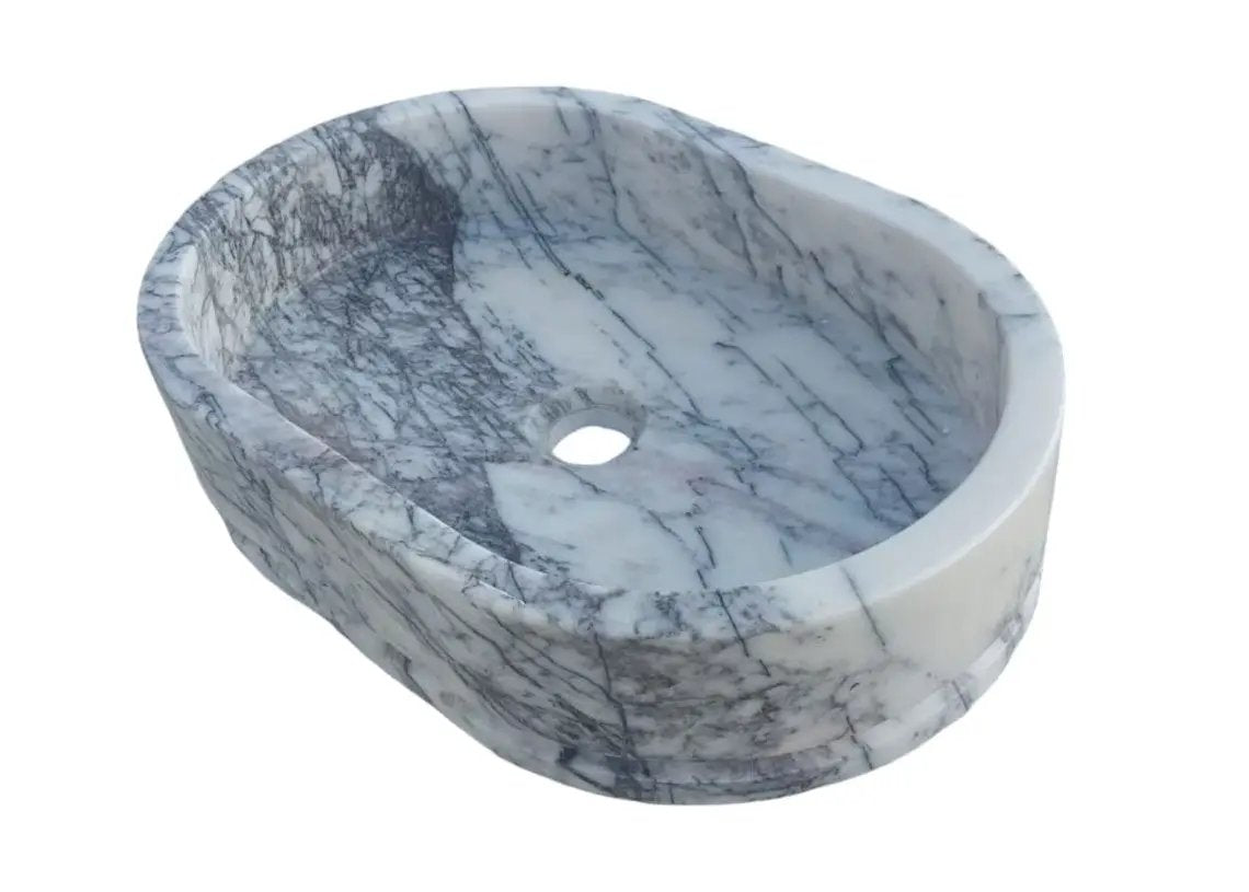 Handcrafted Turkish Marble Ellipse Wall Mount Sink 13.5x19.6x5 by GobekDesign