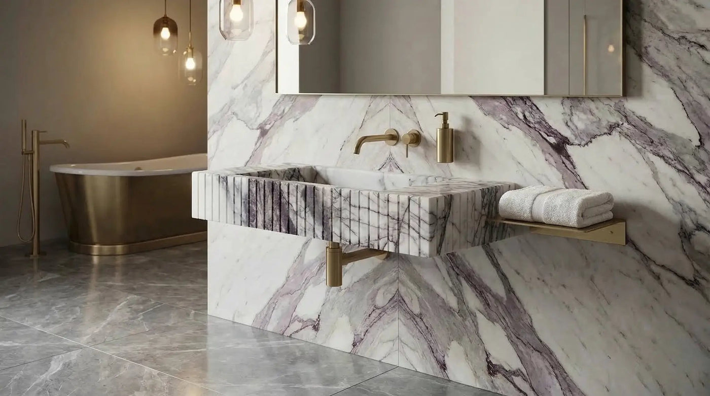 New York Marble Wall Mount Bathroom Sink Fluted Design with 12 by 20 by 5 Inch Size by GobekDesign