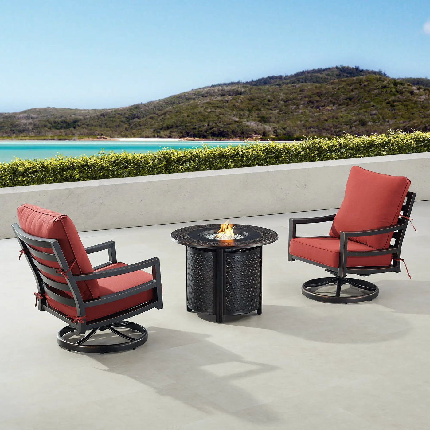 Black Aluminum Fire Table Bistro Set with Two Club Chairs by Sharicks