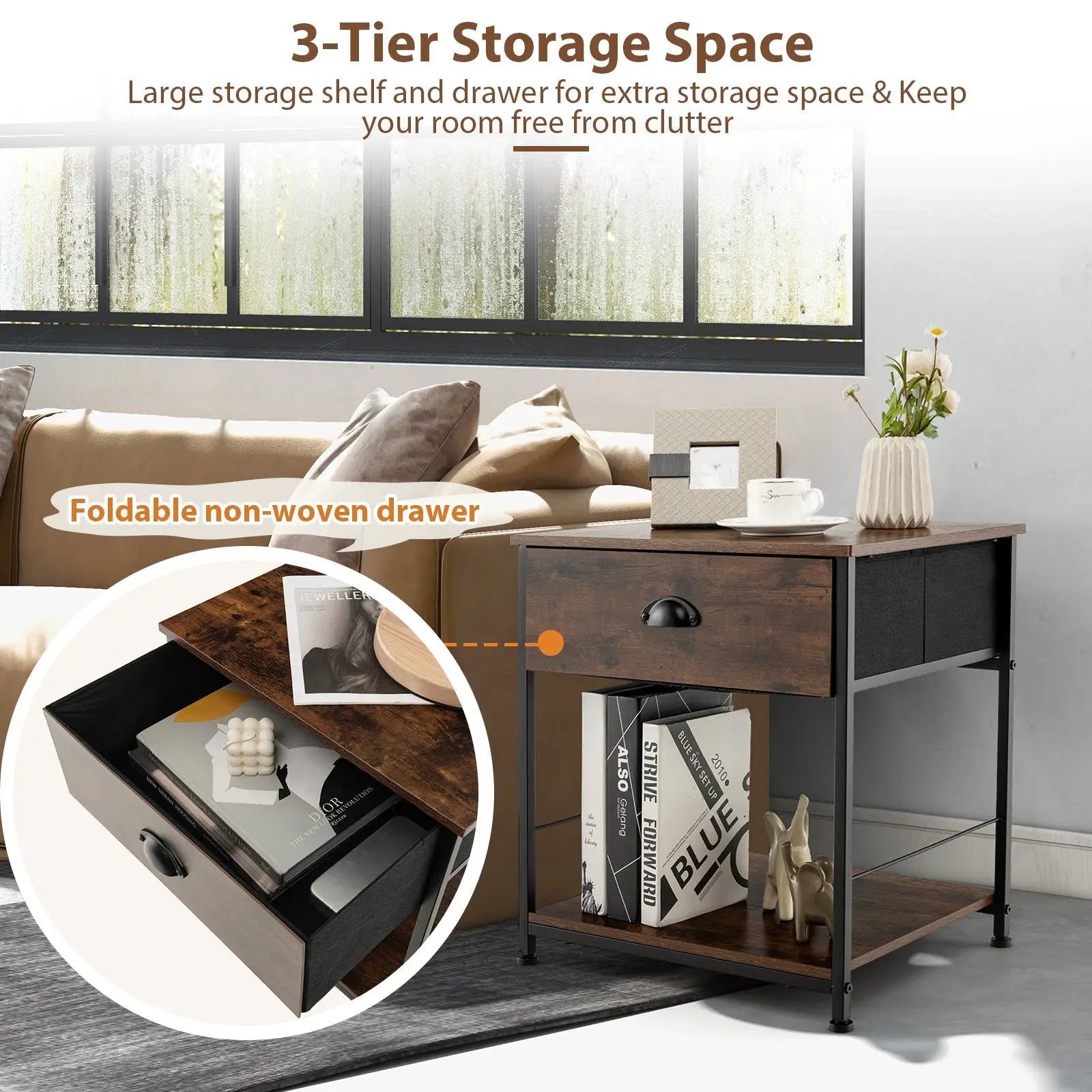 2 Tiers Nightstand with Open Storage Shelf for Living Room Bedroom by DirectDeals