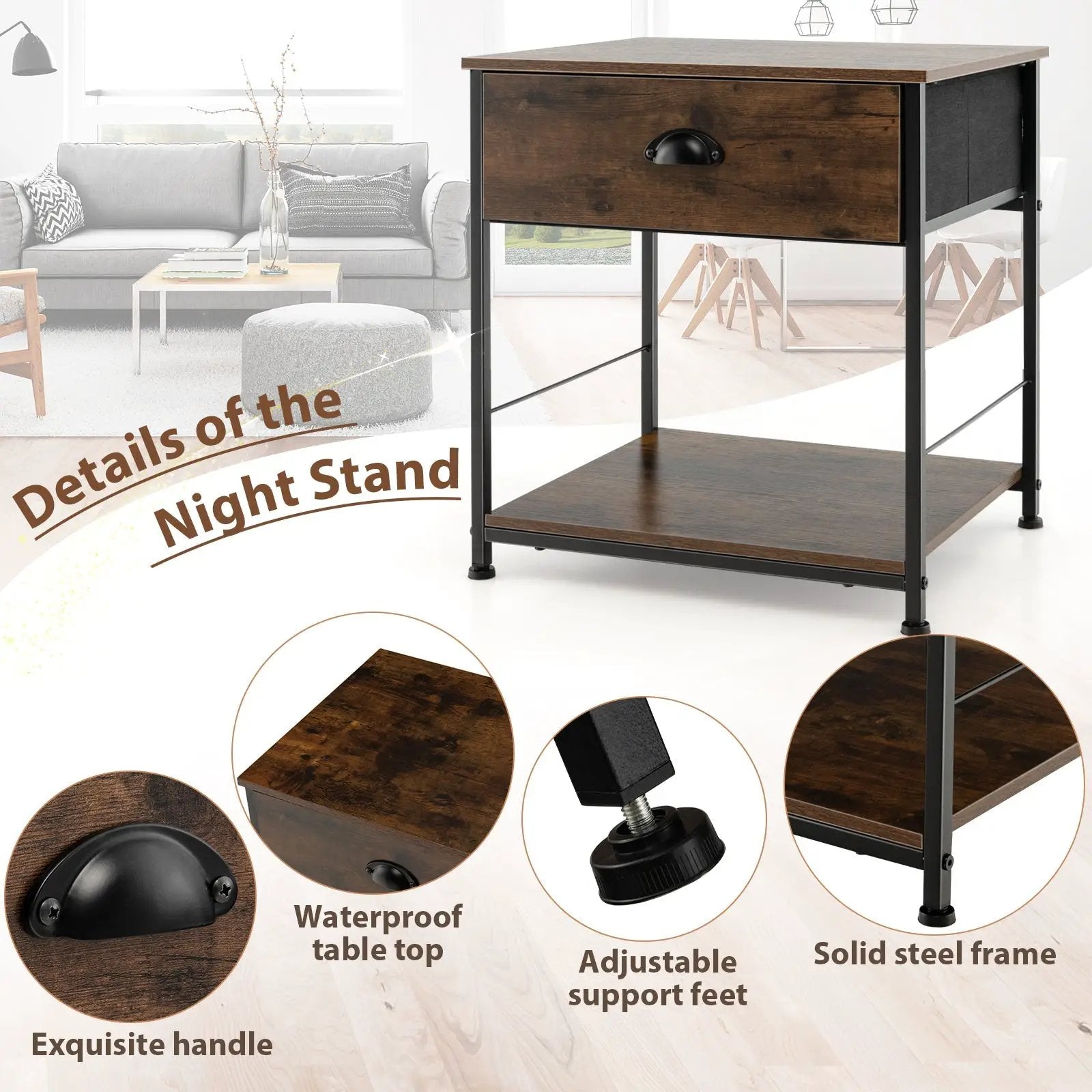 2 Tiers Nightstand with Open Storage Shelf for Living Room Bedroom by DirectDeals