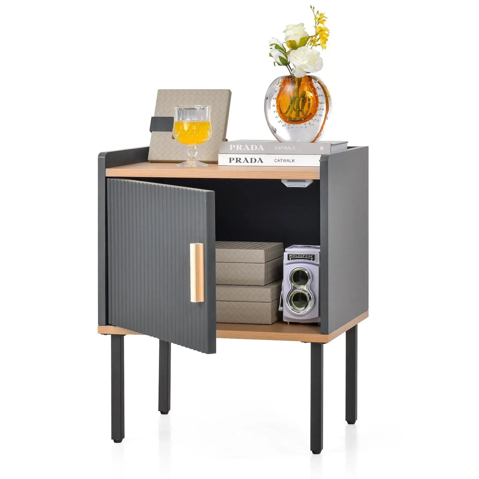 Nightstand Bedside End Table with Door Cabinet for Living Room Bedroom-Gray by DirectDeals