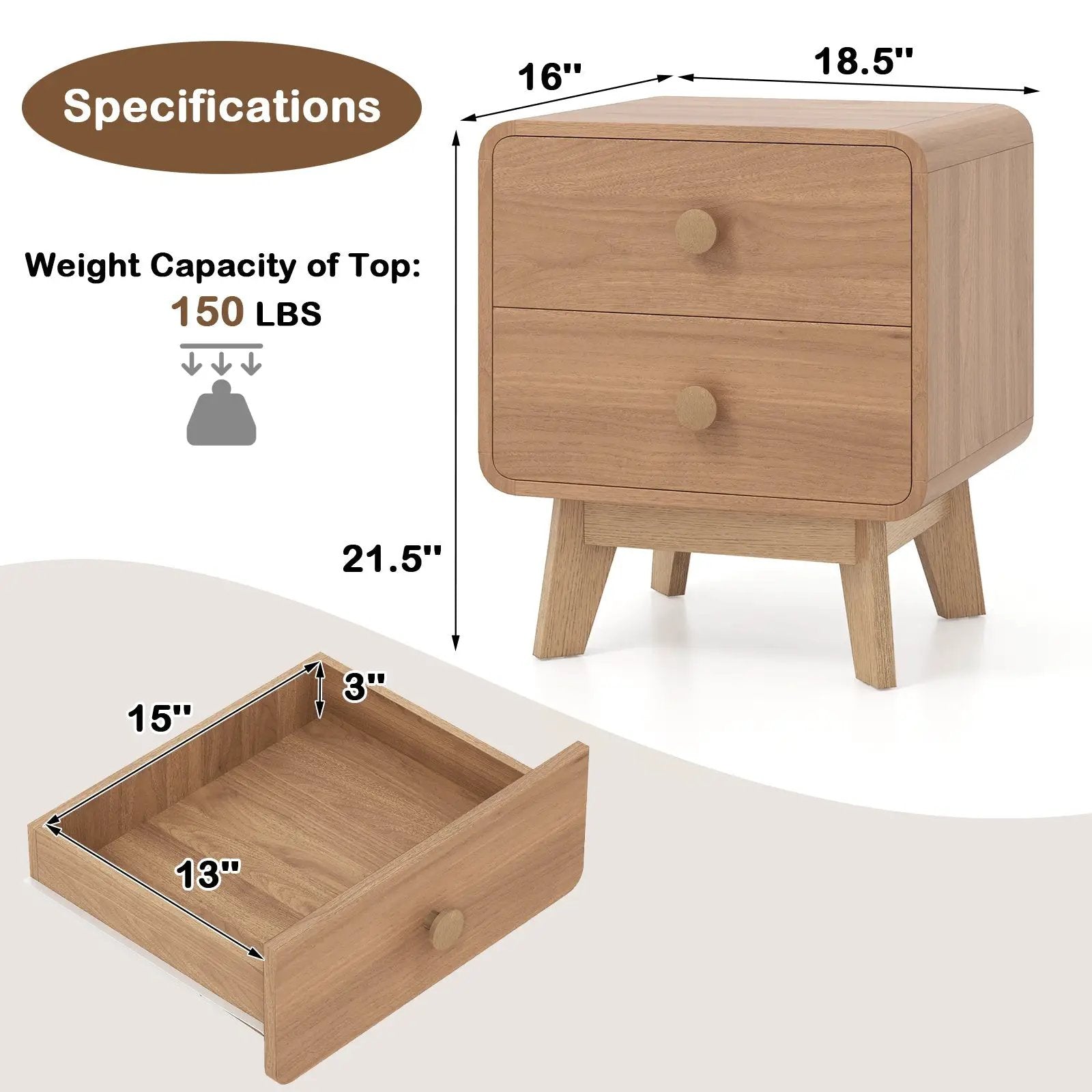 Nightstand with 2 Drawers Solid Rubber Wood Legs by DirectDeals