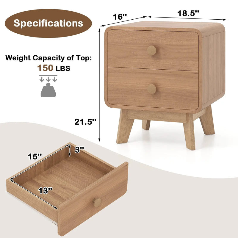 Nightstand with 2 Drawers Solid Rubber Wood Legs by DirectDeals