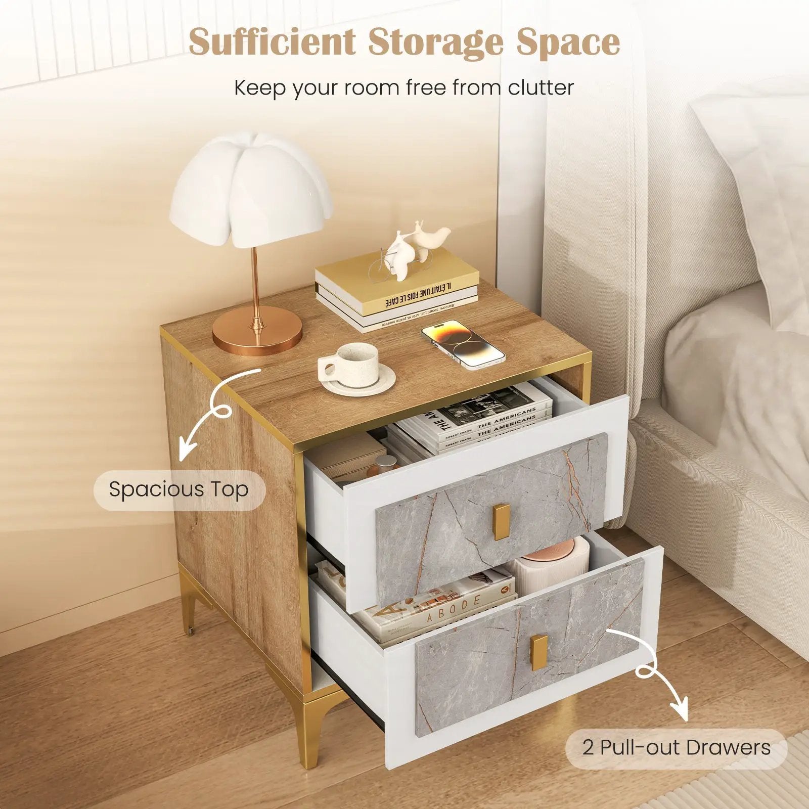 Nightstand with 2 Pull-out Drawers for Living Room Bedroom by DirectDeals