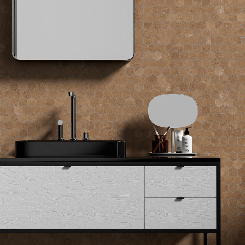 Noce Honed Filled Hexagon Travertine Mosaics 10 3/8x12 Travertine Honed Filled 12x12 Mosaics — 2