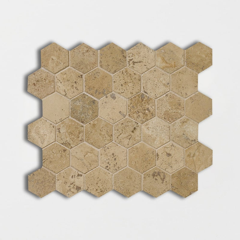 Noce Honed Filled Hexagon Travertine Mosaics 10 3/8x12 Travertine Honed Filled 12x12 Mosaics