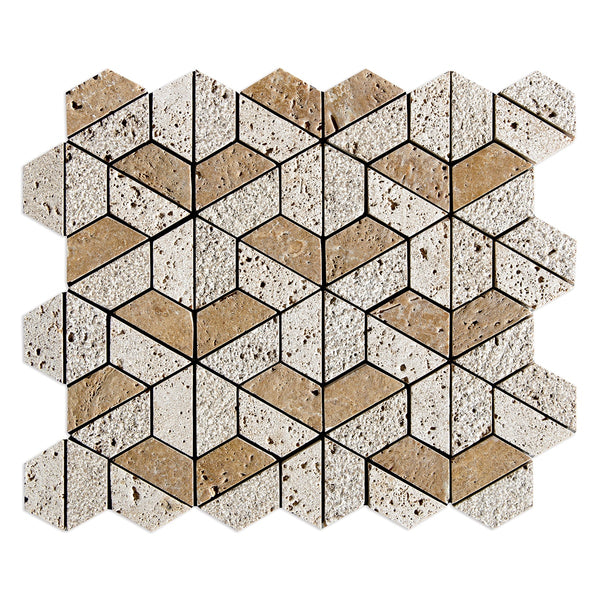 Noce Textured 3d Hexagon Travertine Mosaics 10 3/8x12