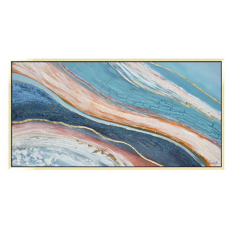 Hand Painted Acrylic Abstract Wall Art Blues and Reds on a 59 x 30 Rectangular Canvas with a Gold Wooden Frame by Sharicks