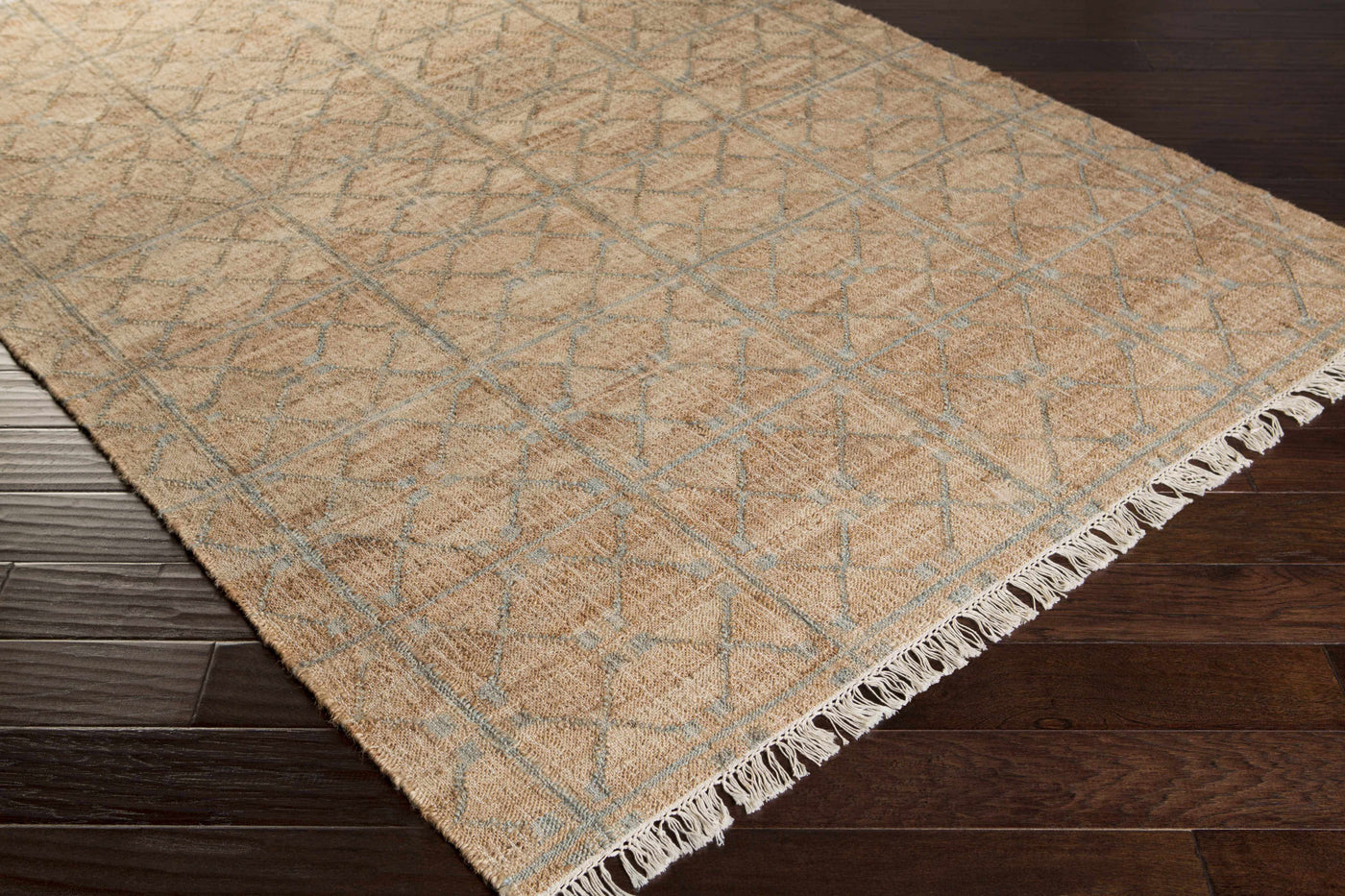 Rice Dusty Sage Fringed Jute Carpet by Boutique Rugs