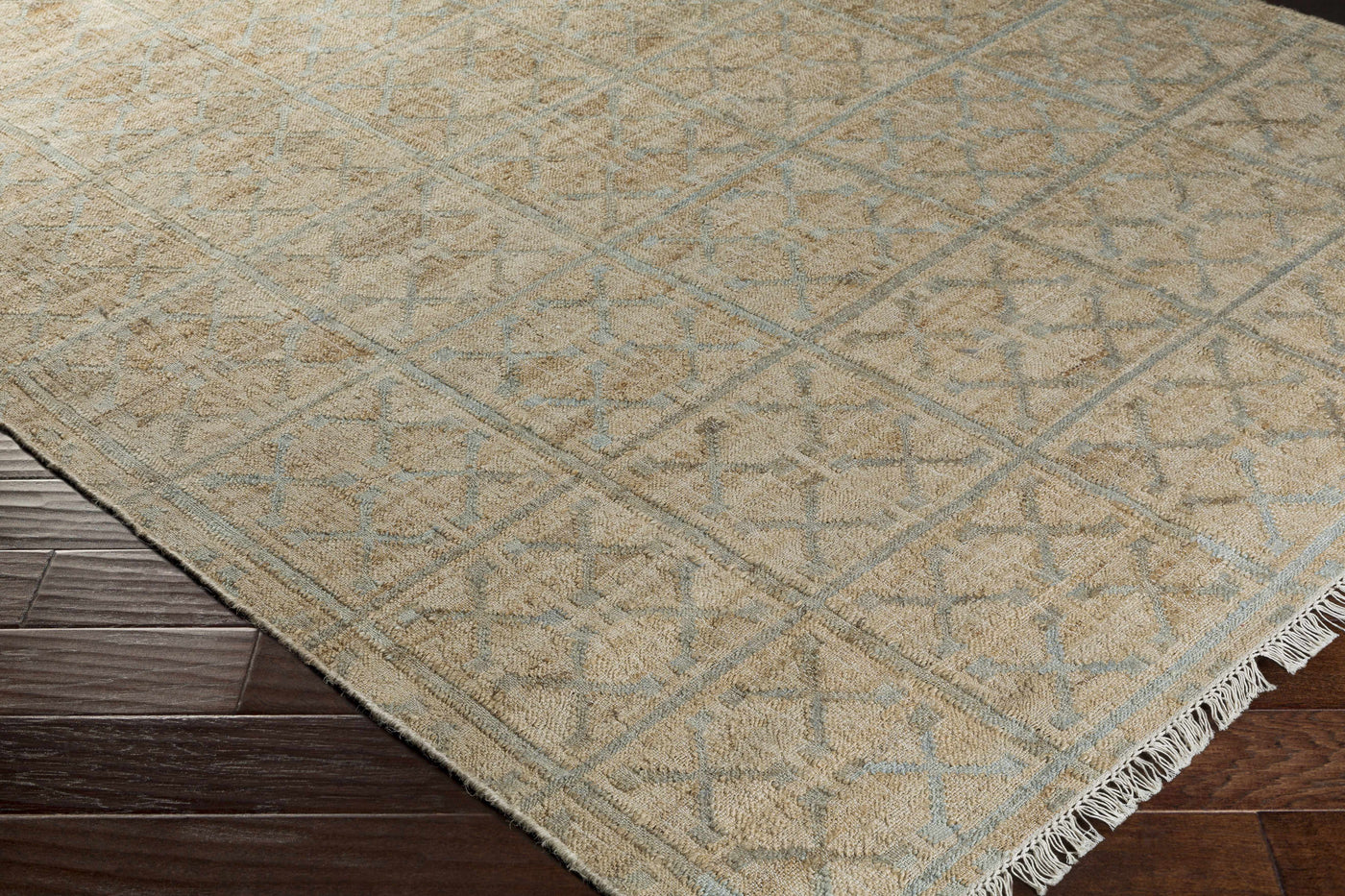 Rice Dusty Sage Fringed Jute Carpet by Boutique Rugs