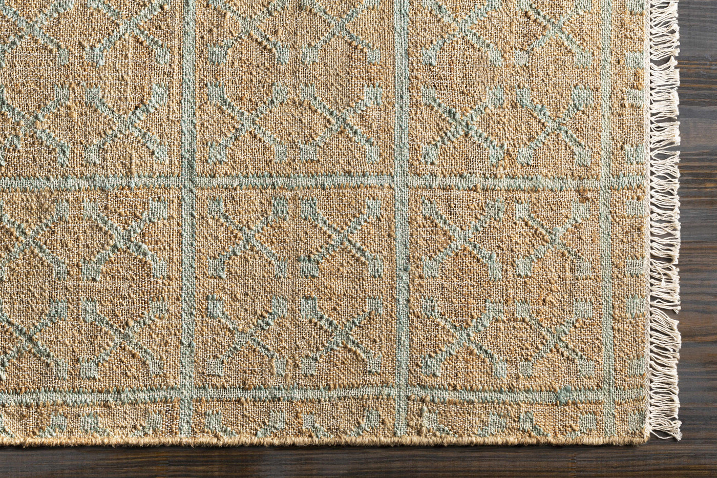 Rice Dusty Sage Fringed Jute Carpet by Boutique Rugs