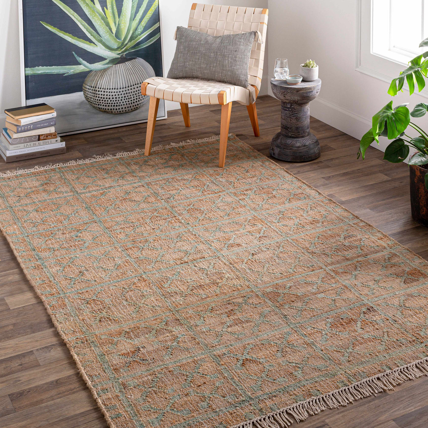 Rice Dusty Sage Fringed Jute Carpet by Boutique Rugs