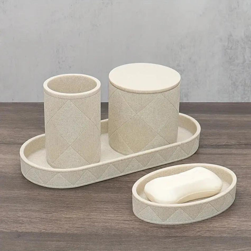 Nordic Modern Beige Bathroom Set - Complete Shower & Sink Organizer Kit with Toothbrush Holder, Soap Dispenser-Compatible Tray, Durable Beige Storage Compartments for Countertop - Minimalist Scandinavian Style (No Assembly Re by House Of Avana