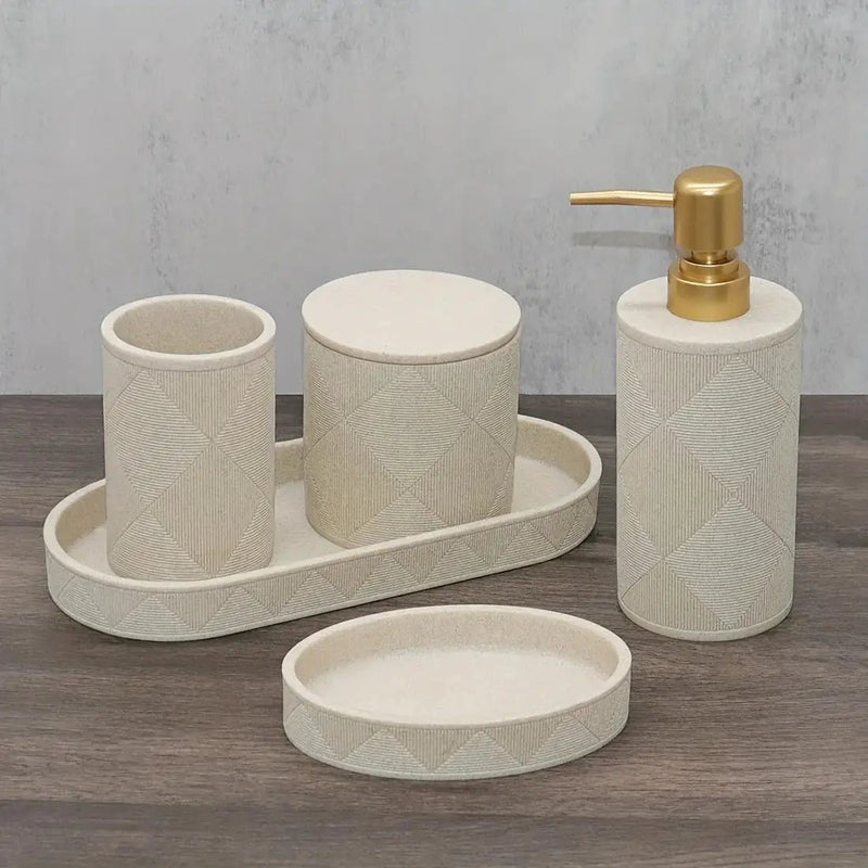 Nordic Modern Beige Bathroom Set - Complete Shower & Sink Organizer Kit with Toothbrush Holder, Soap Dispenser-Compatible Tray, Durable Beige Storage Compartments for Countertop - Minimalist Scandinavian Style (No Assembly Re by House Of Avana