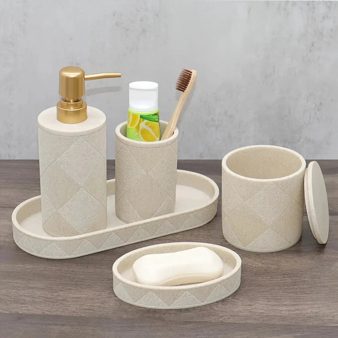 Nordic Modern Beige Bathroom Set - Complete Shower & Sink Organizer Kit with Toothbrush Holder, Soap Dispenser-Compatible Tray, Durable Beige Storage Compartments for Countertop - Minimalist Scandinavian Style (No Assembly Re by House Of Avana