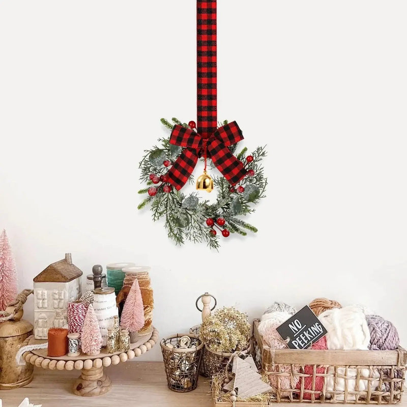 Norfolk Pine 9-Inch Mini Christmas Wreath Set with Red Berries & Plaid Bow by House Of Avana