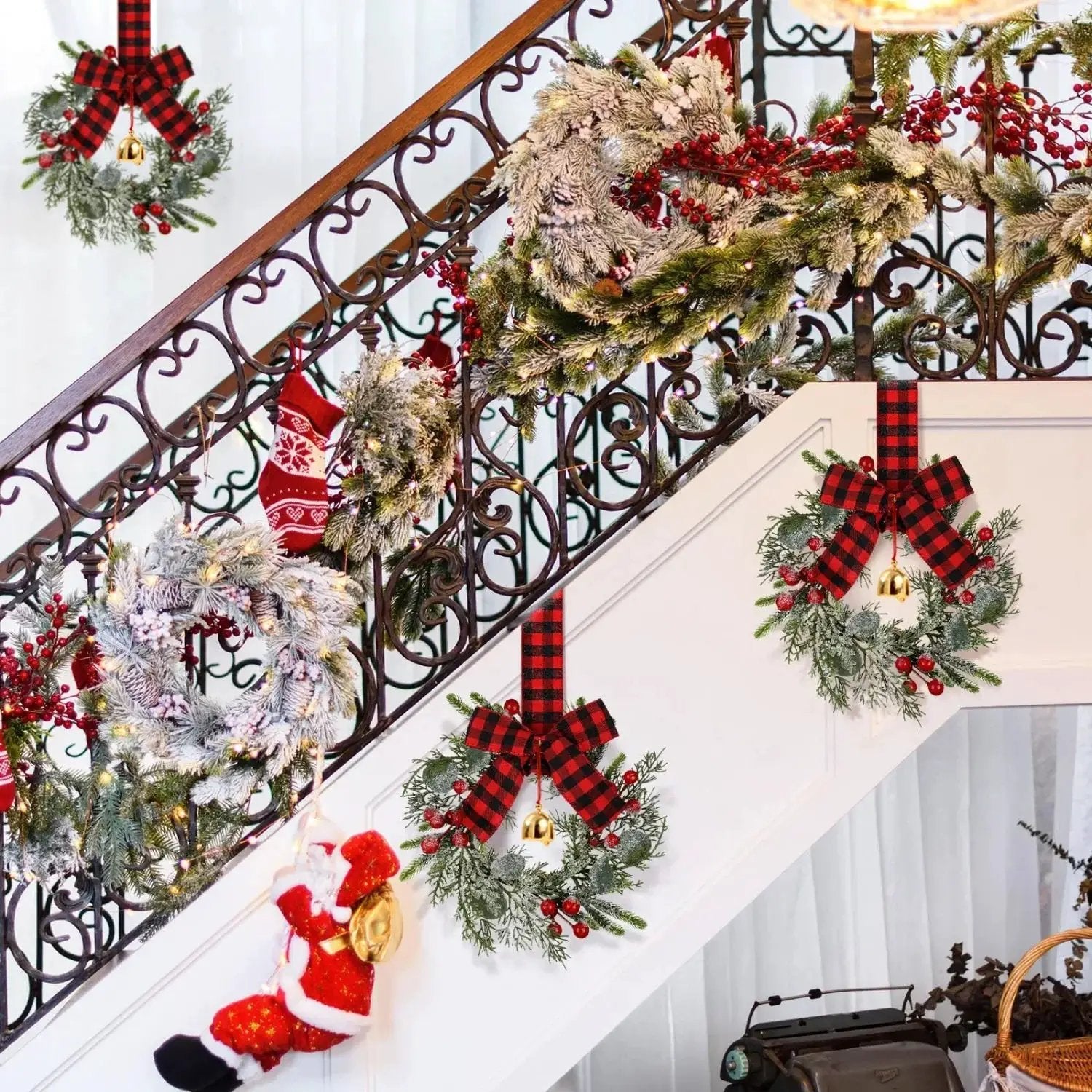 Norfolk Pine 9-Inch Mini Christmas Wreath Set with Red Berries & Plaid Bow by House Of Avana