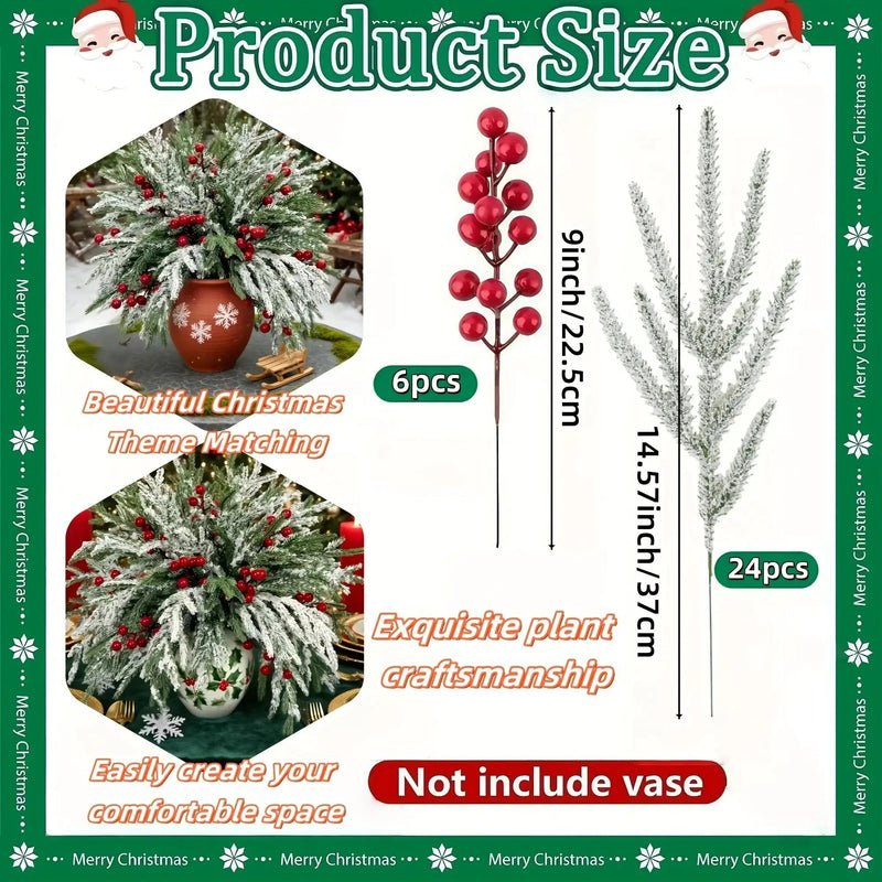 Norfolk Pine Branches - 30pcs Green with Red Berries Artificial Christmas Decor by House Of Avana