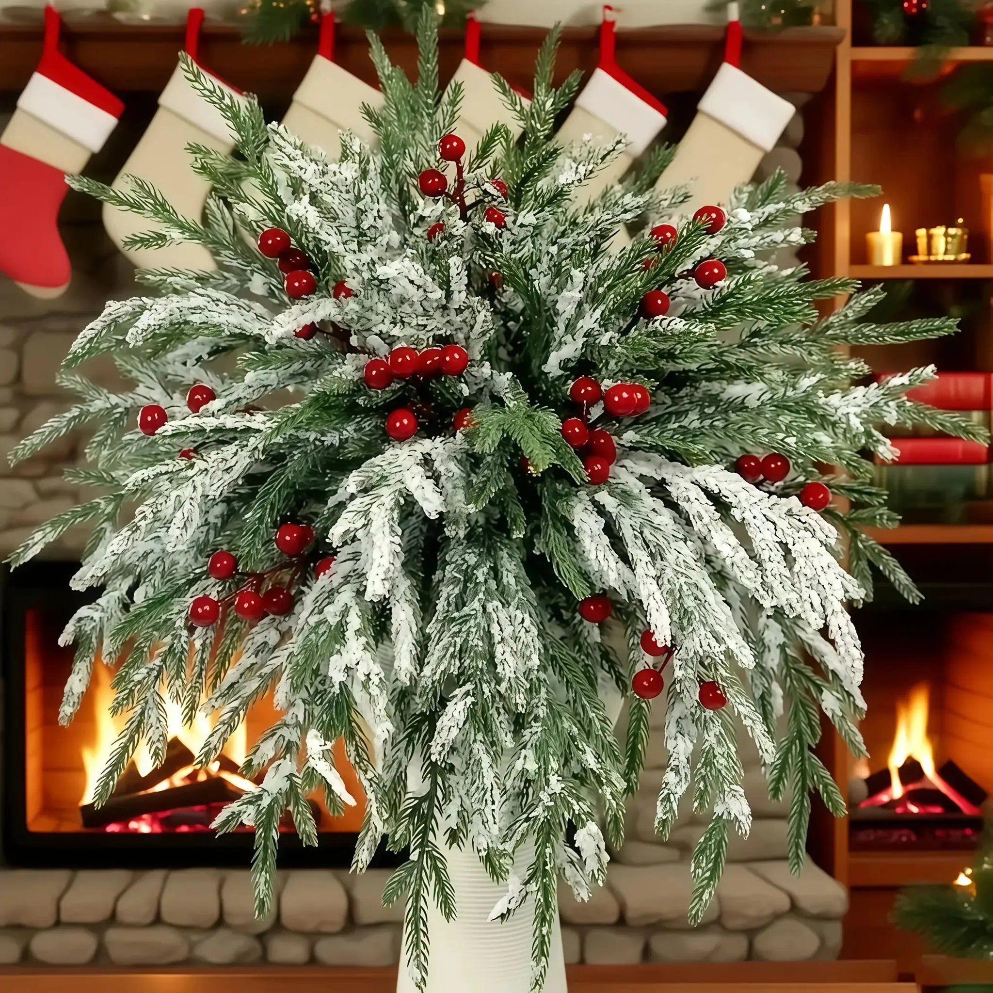 Norfolk Pine Branches - 30pcs Green with Red Berries Artificial Christmas Decor by House Of Avana