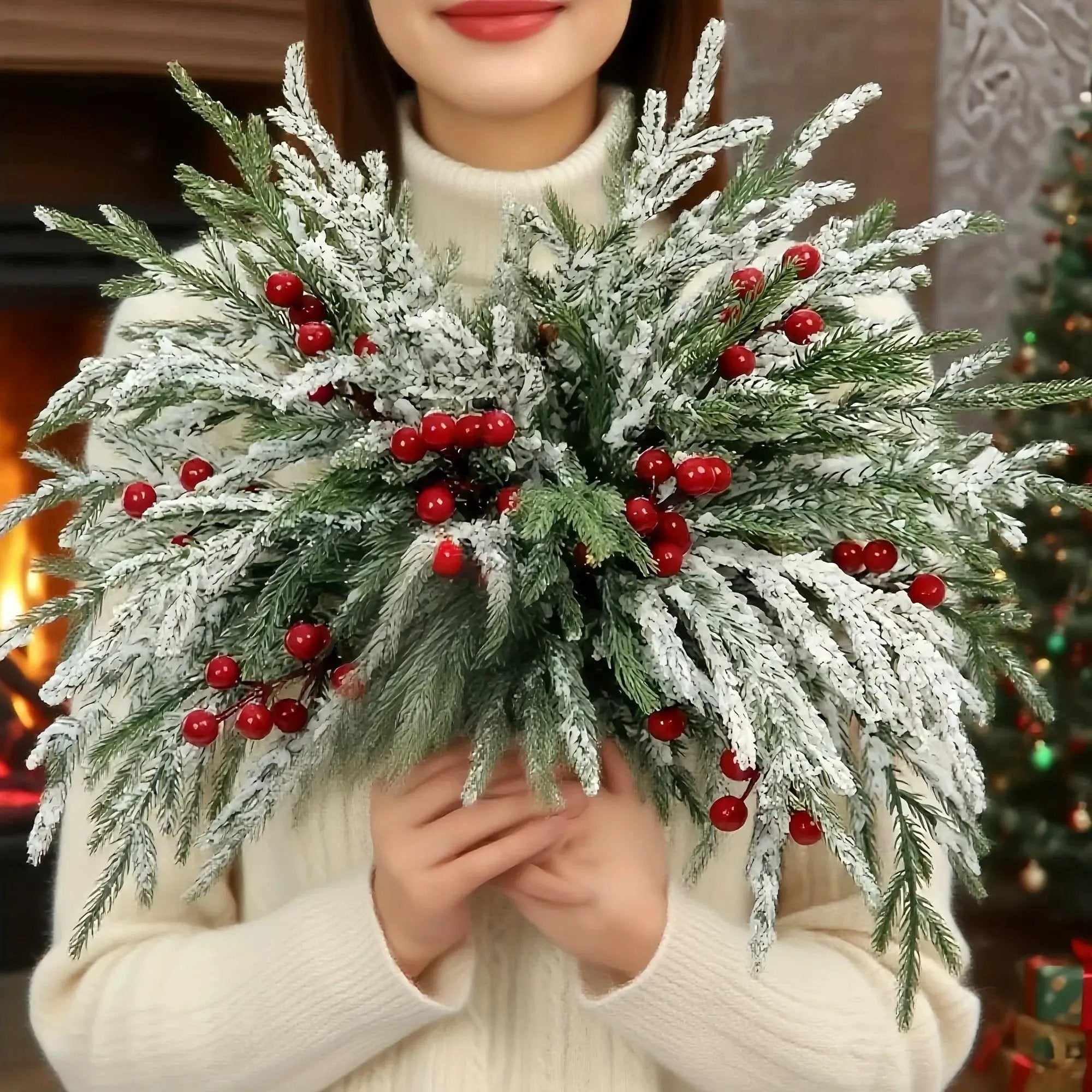 Norfolk Pine Branches - 30pcs Green with Red Berries Artificial Christmas Decor by House Of Avana