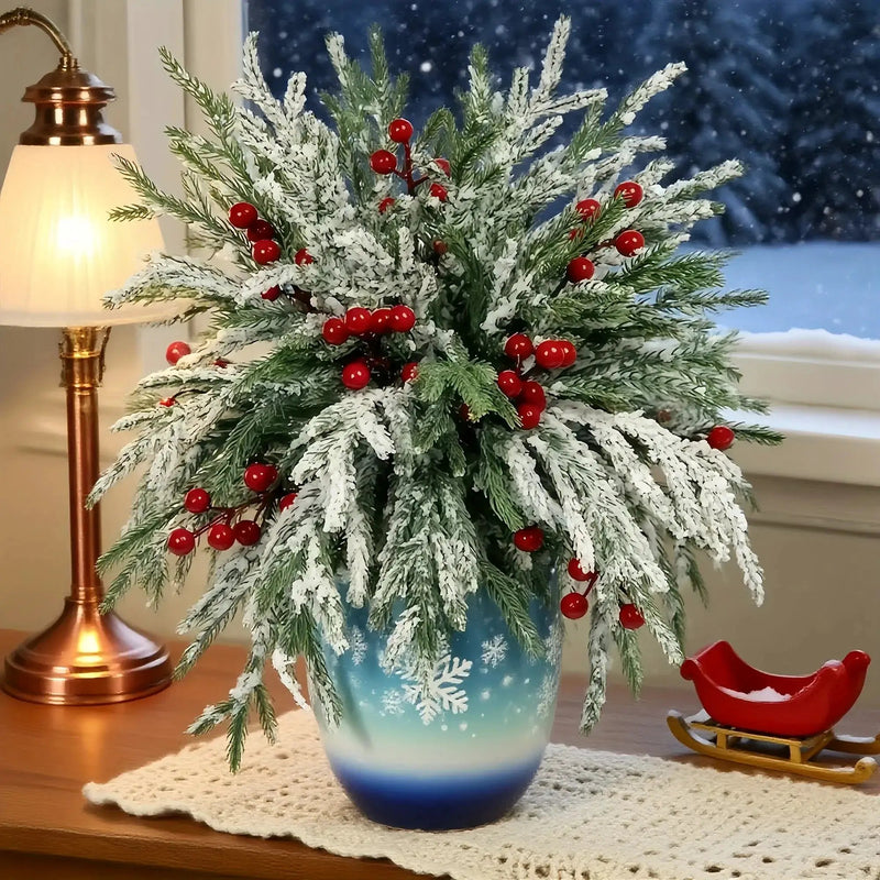 Norfolk Pine Branches - 30pcs Green with Red Berries Artificial Christmas Decor by House Of Avana