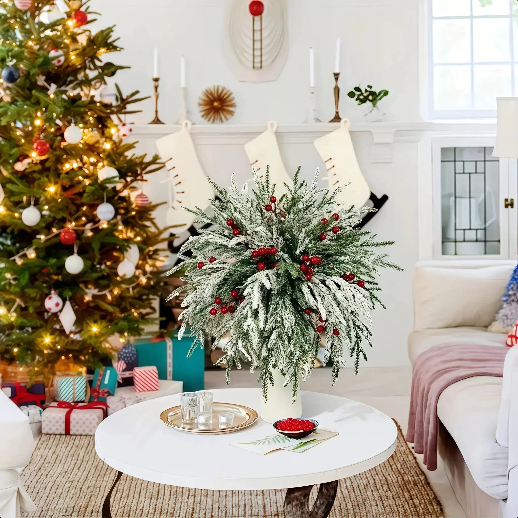 Norfolk Pine Branches - 30pcs Green with Red Berries Artificial Christmas Decor by House Of Avana
