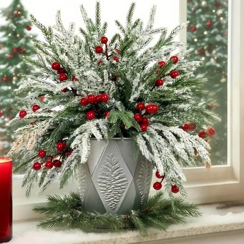 Norfolk Pine Branches - 30pcs Green with Red Berries Artificial Christmas Decor by House Of Avana