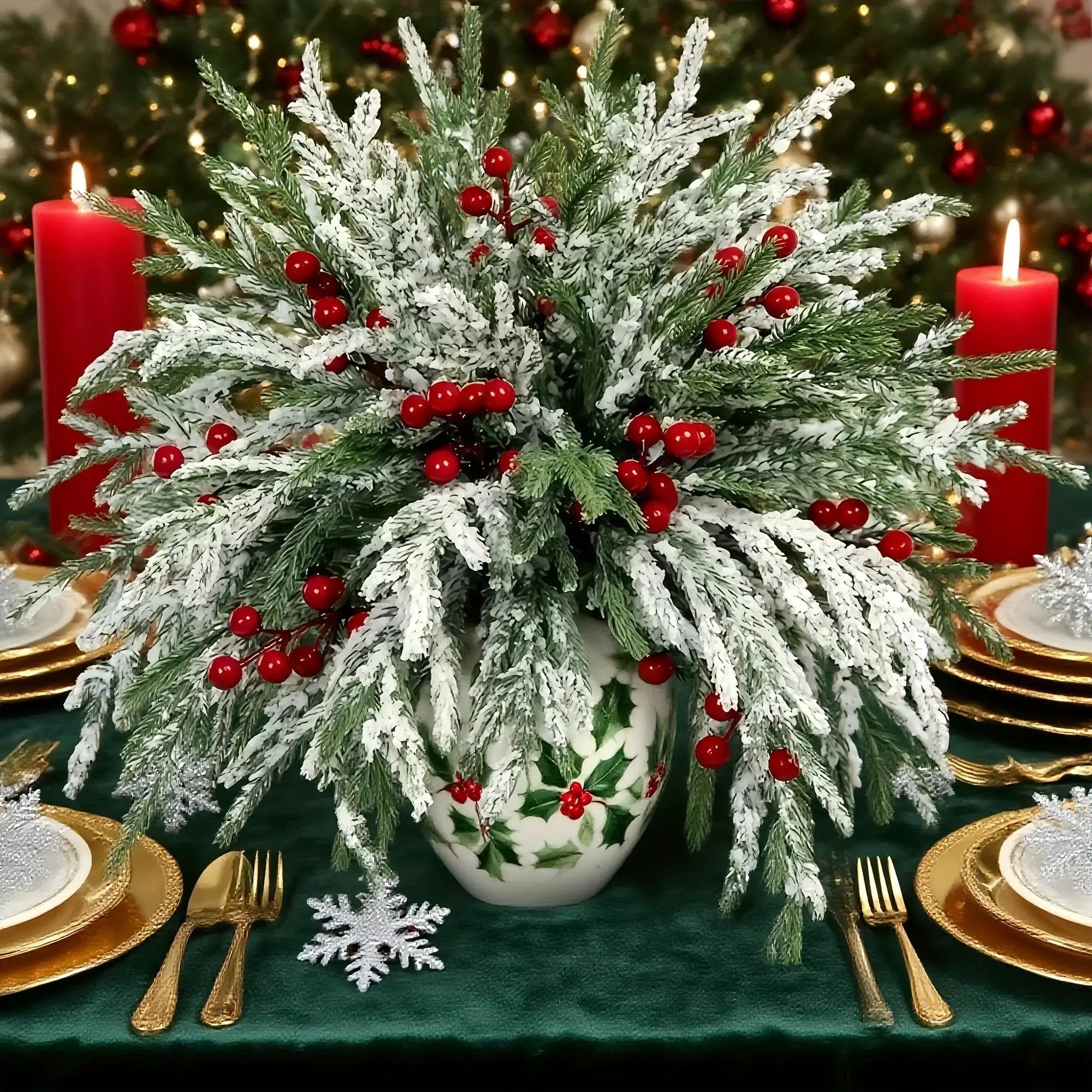 Norfolk Pine Branches - 30pcs Green with Red Berries Artificial Christmas Decor by House Of Avana