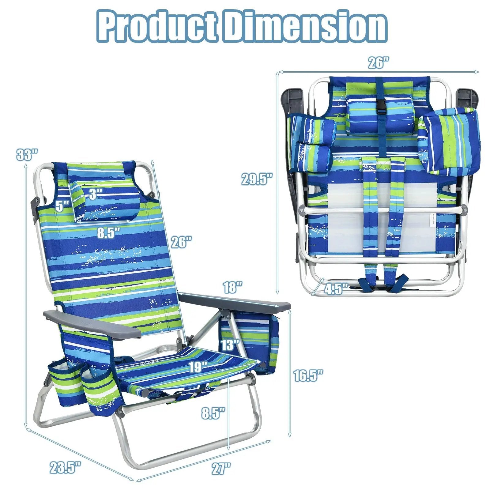 4-Pack 5-Position Outdoor Folding Backpack Beach Reclining Chair with Pillow by DirectDeals