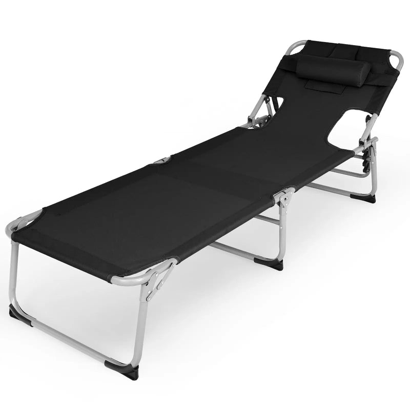 Folding Beach Lounge Chair with Pillow for Outdoor-Black by DirectDeals