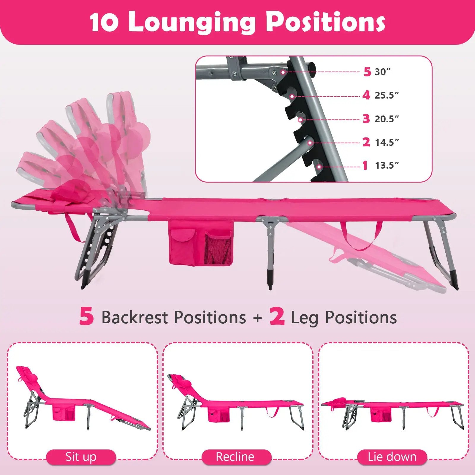 Folding Beach Lounge Chair with Pillow for Outdoor-Pink by DirectDeals