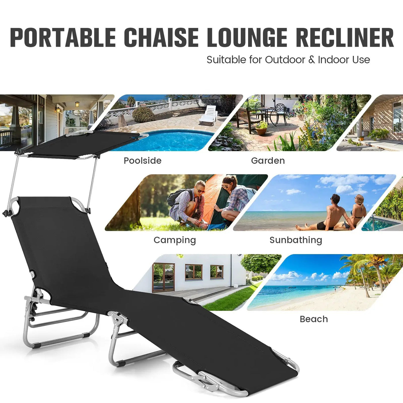 Adjustable Outdoor Beach Patio Pool Recliner with Sun Shade by DirectDeals