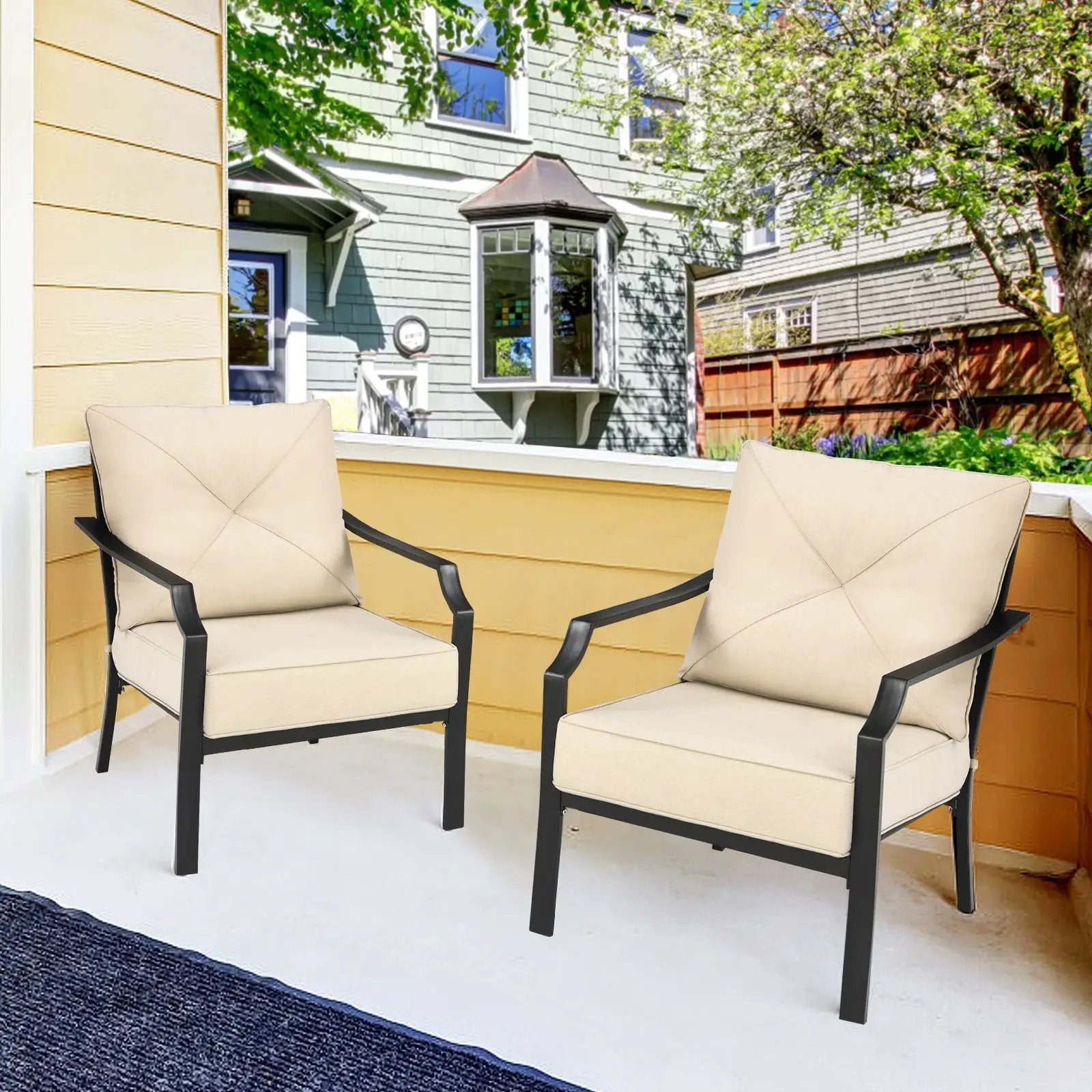 2 Pieces Patio Dining Set with Padded Cushions Armrest Steel Frame by DirectDeals
