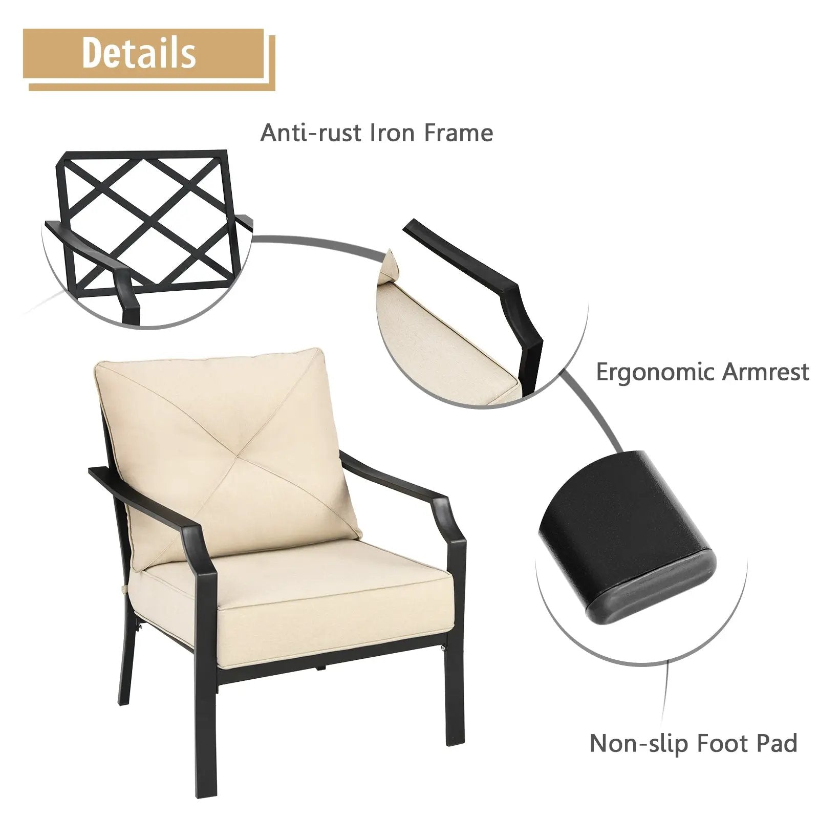 2 Pieces Patio Dining Set with Padded Cushions Armrest Steel Frame by DirectDeals