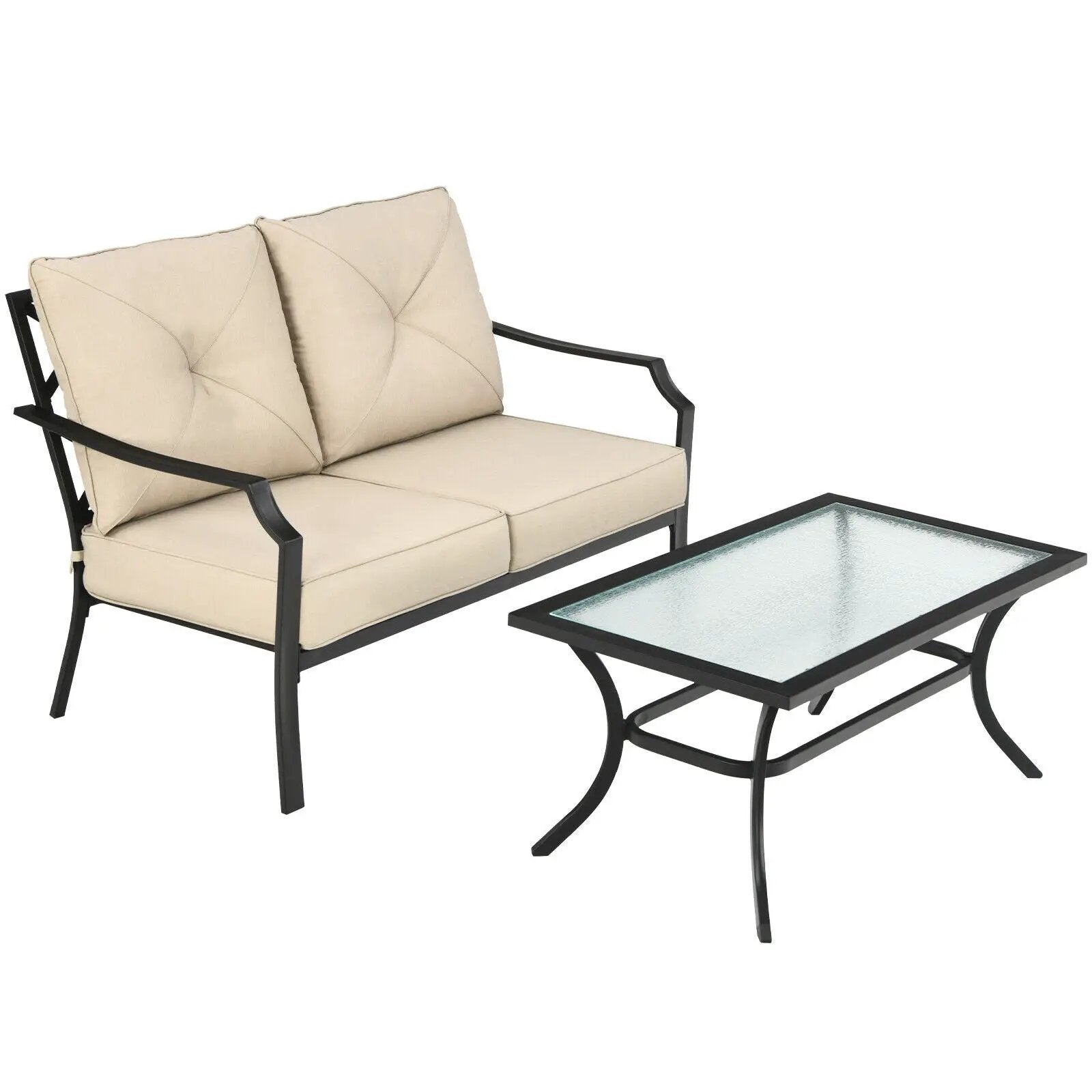 2 Pieces Patio Outdoor Cushioned Sofa Bench with Coffee Table-Beige by DirectDeals