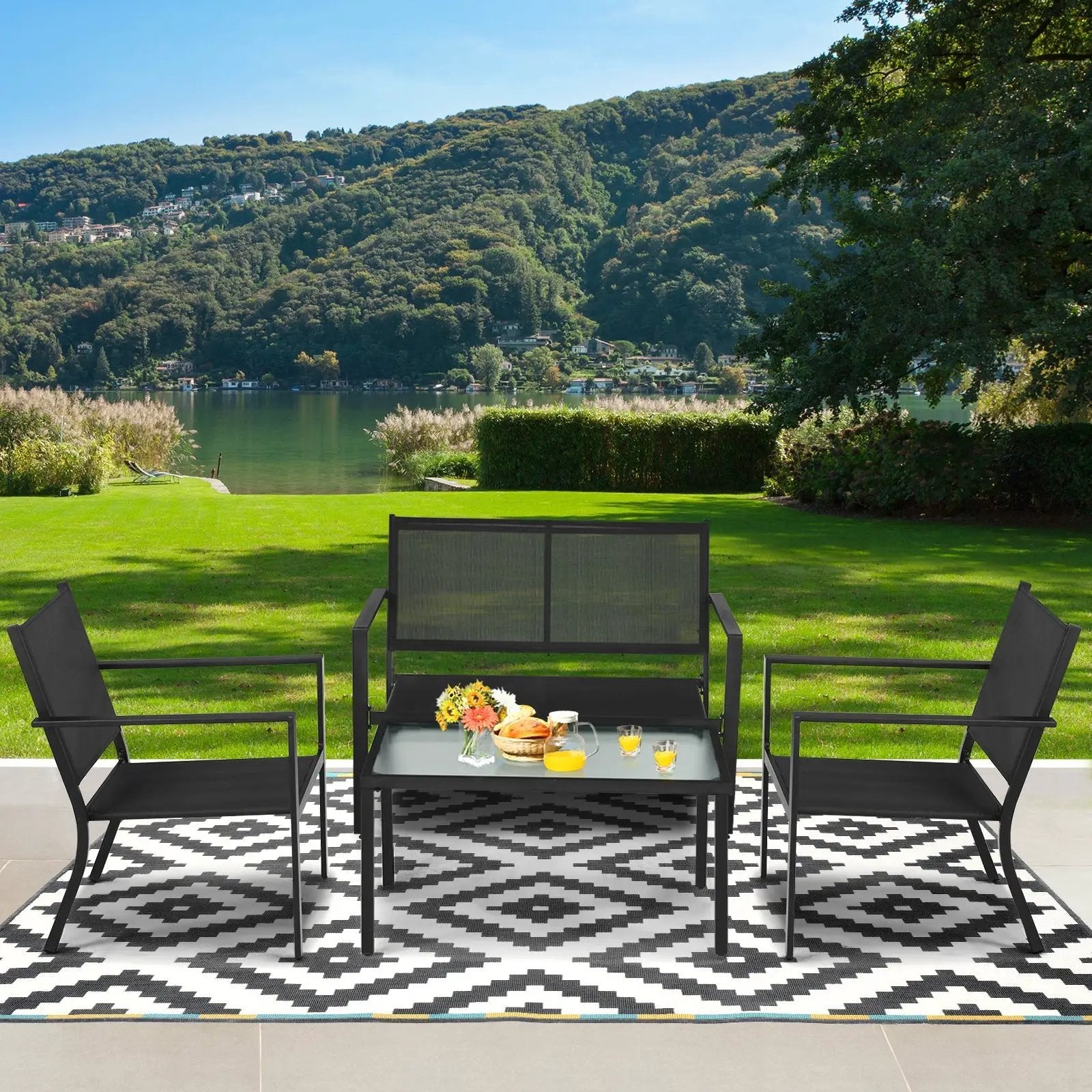 4 PCS Patio Furniture Set Sofa Coffee Table Steel Frame Garden-Gray by DirectDeals