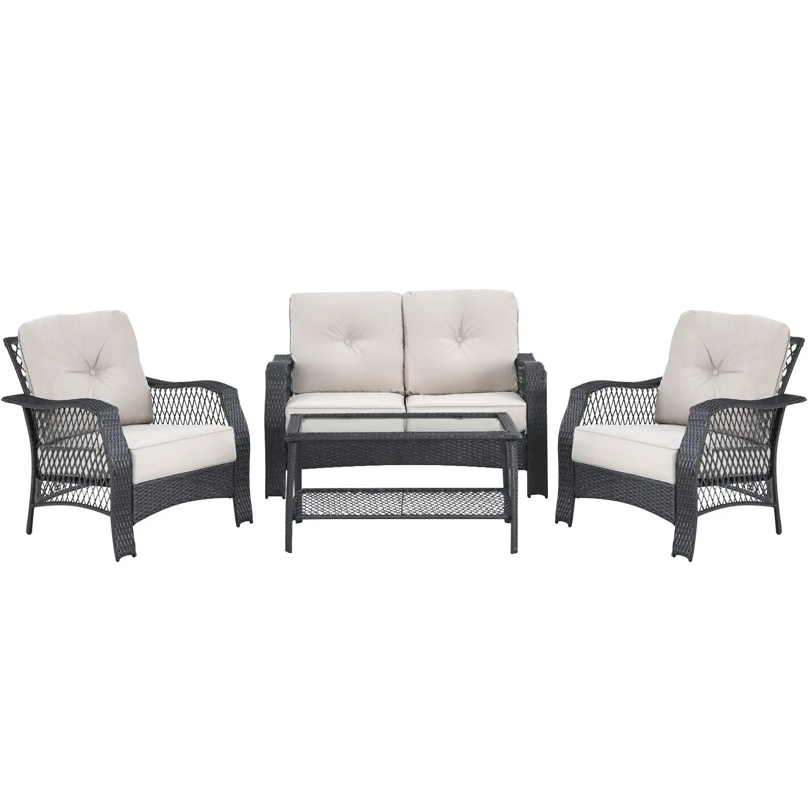 4 Pieces Patio Wicker Furniture Set Loveseat Sofa Coffee Table with Cushion-Beige by DirectDeals