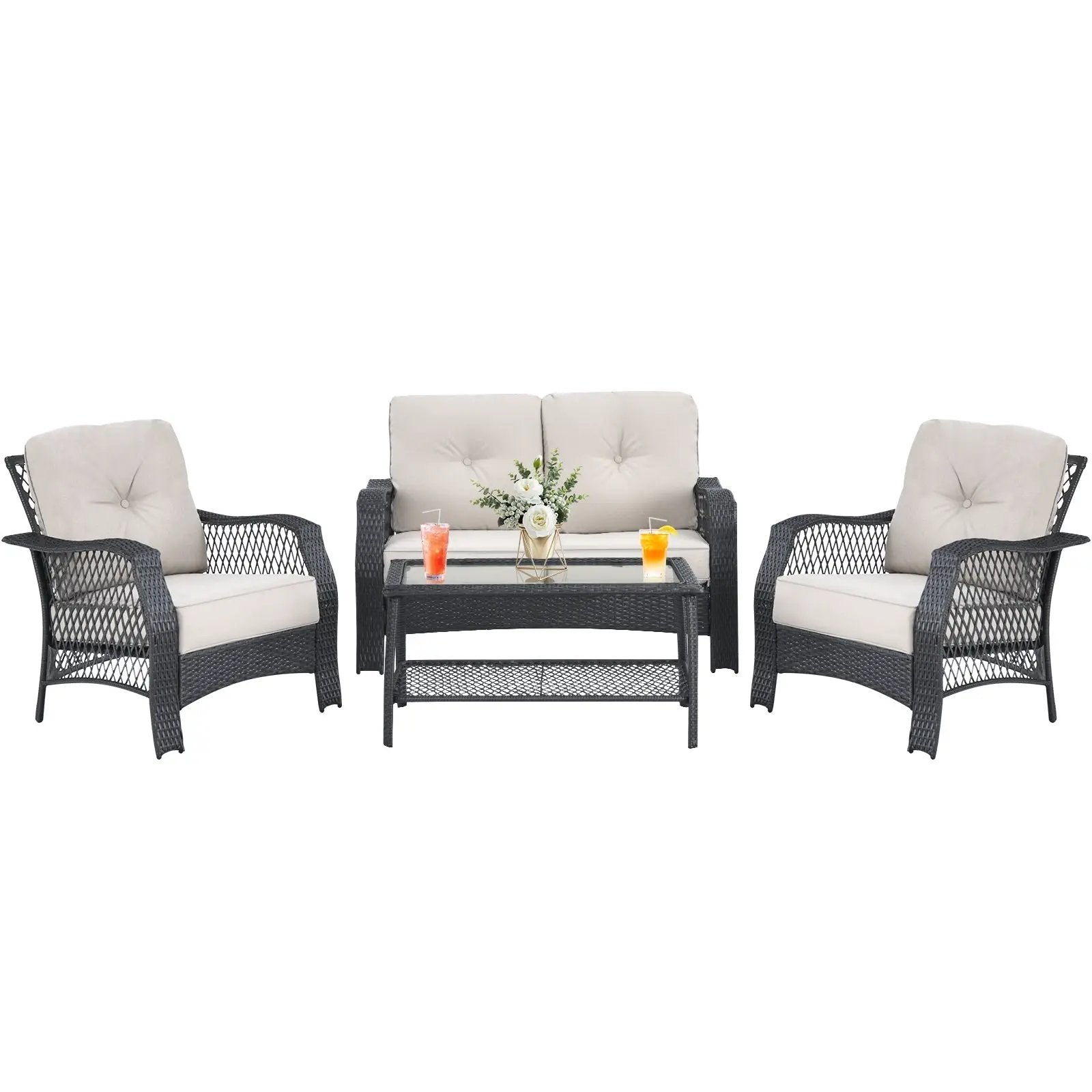 4 Pieces Patio Wicker Furniture Set Loveseat Sofa Coffee Table with Cushion-Beige by DirectDeals