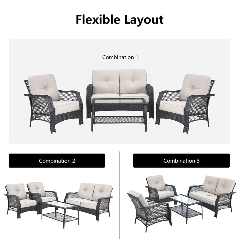 4 Pieces Patio Wicker Furniture Set Loveseat Sofa Coffee Table with Cushion-Beige by DirectDeals