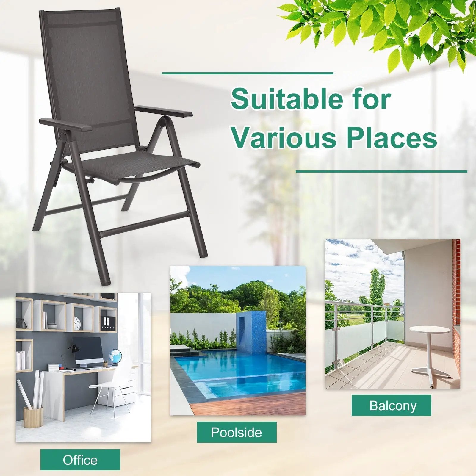 2 Pieces Patio Folding Dining Chairs Aluminium Adjustable Back-Gray by DirectDeals